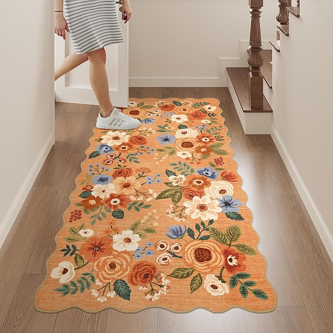 DUKINO 2x4 Washable Runner Rugs, Non Slip Floral Print Entryway Rug with Soft Low Pile, Lightweight Mat for Living Room, Bathroom, Bedroom, Kitchen, Orange