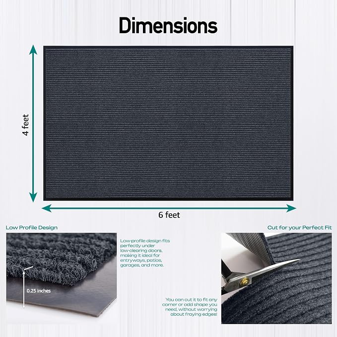 Durable Rubber Door Mat - Heavy Duty, Indoor/Outdoor, Easy Clean, Waterproof, Low-Profile Mat for Entry, Patio, Garage - Stylish (Charcoal, 6' x 4' (Mud Trapper))