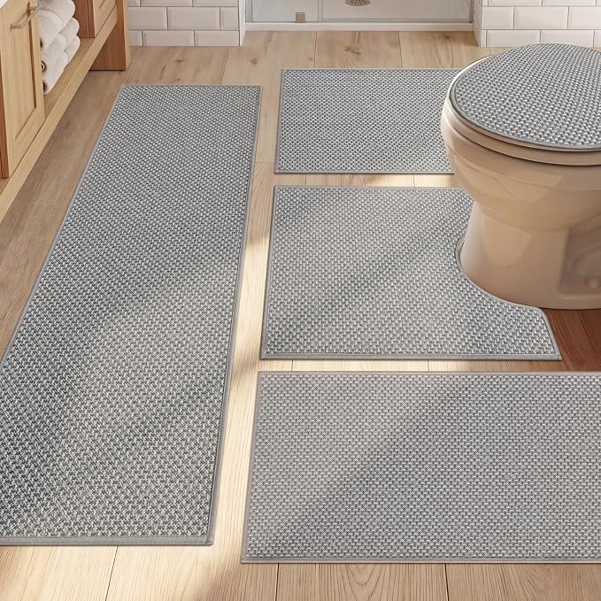 YIHOUSE Thin Bath Mat Grey Bathroom Rugs Sets 5 Pieces, Non Slip Absorbent Bath Mats Quick Dry, Woven Braided Rugs Washable, Rubber Tapetes para Baño for Bathroom Toliet,Bathtub