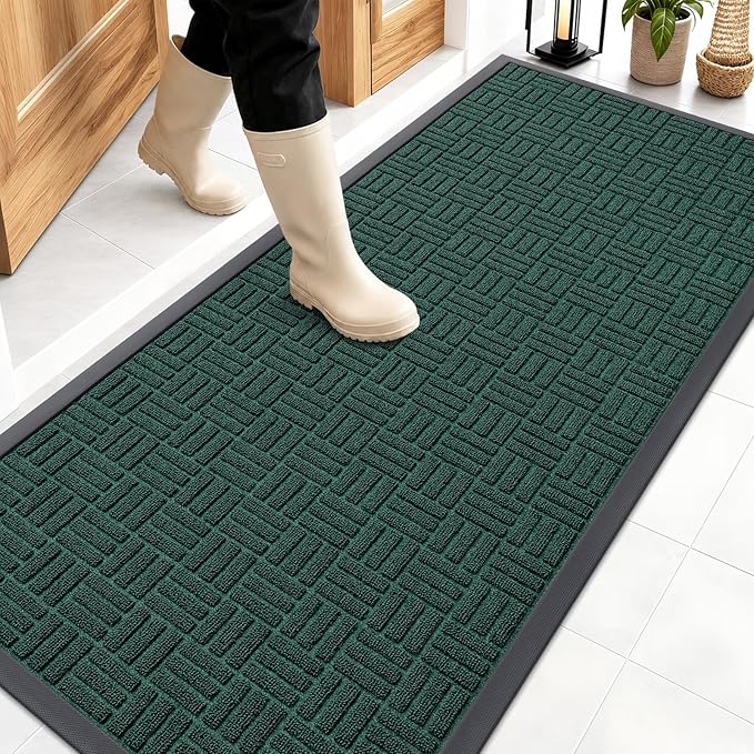 OLANLY Front Door Mat Outside Entrance 59x23, Absorbent, Heavy Duty Sturdy Natural Rubber Doormat Indoor Outdoor, Non-Slip, Stain and Fade Resistant, Low Profile Floor Mat for Entryway, Black Green