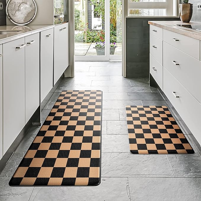 Black Brown Checkered Grid Checkerboard Kitchen Rug Sets [2 PCs], Anti-Fatigue, Waterproof Non-Slip Kitchen Mats Heavy Duty Comfort Foam Rug for Kitchen, Floor, Home, Laundry,17"x29"+17"x47"
