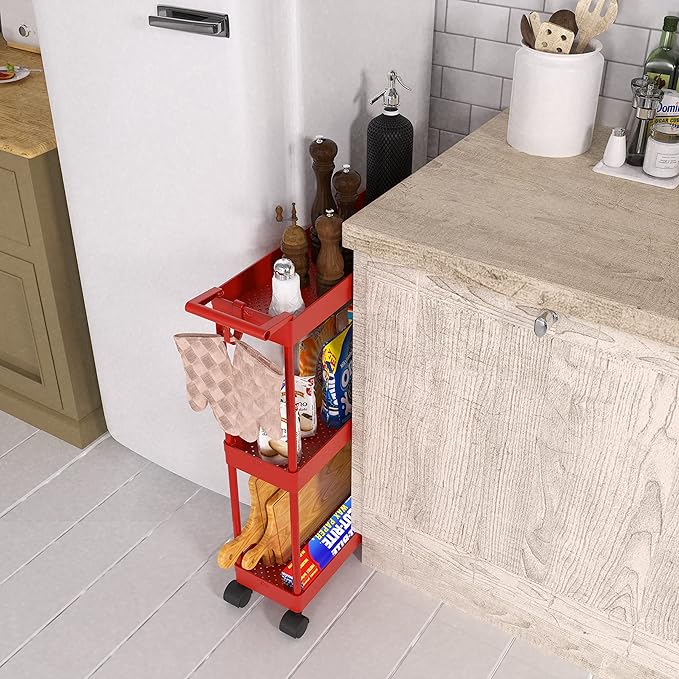 Simple Houseware 3-Tier Slim/Narrow Storage Cart with Handle, 5.5'' Wide x 27.5'' Height Rolling Organizer for Kitchen, Bathroom, Laundry Room - Red