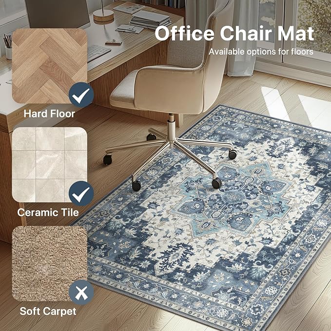 48"x72" Office Chair Mat for Hardwood Tile Floor, Under Desk Carpet Protector for Rolling Computer Chair Mat, Machine Washable Area Rug, Anti-Slip 1/5" Thick Low Pile Thin Vinyl Floor Mat, Navy