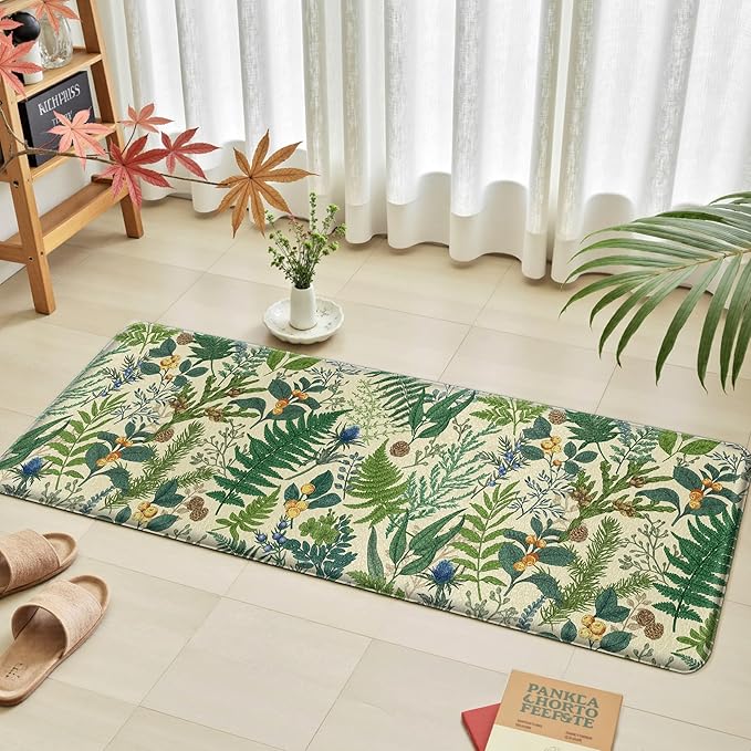 Beige Green Botanical Kitchen Rugs Set of 2 Plant Leaf Anti-Fatigue Kitchen Mat Natural Comfort Standing Waterproof PVC Mats 2/5" Thick Leather Carpet for Laundry Office Sink(17.3" x28" + 17.3" x 47")