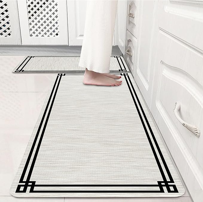 Cream Retro Elegance Frame Textured Kitchen Rug Sets [2 PCs], Anti-Fatigue, Waterproof Non-Slip Kitchen Mats Heavy Duty Comfort Foam Rug for Kitchen, Floor, Laundry,17"x29"+17"x47"
