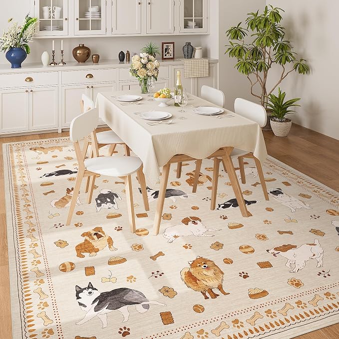 DUKINO 8x10 Area Rug, Non Slip Washable Animal Dog Rug for Living Room, Stain Resistant & Low Pile Indoor Floor Large Carpet for Bedroom, Farmhouse, Nursery, Dining Room, Kids Playroom, Beige Yellow