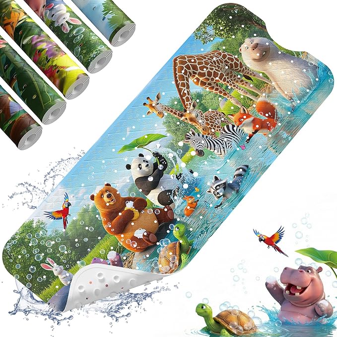 XIYUNTE Baby Bath Mat for Tub Non Slip Kids, BPA Free Extra Long Bathtub Mat 40x16 with Drain Holes and 200 Suction Cups, Non Toxic Machine Washable Toddler Bath Mat, Eco-Friendly Certified