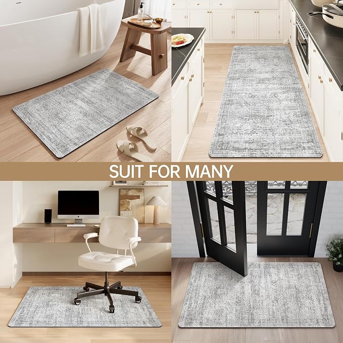 Mecko Bath Mat, Ultra Absorbent Quick Dry Bathroom Floor Mats-Rubber Non-Slip Thin Bathroom Rug Fit Under Door, Faux Suede Surface Shower Rug for Bathtub, Sink, Shower Room(Grey/Cream,16"x24")