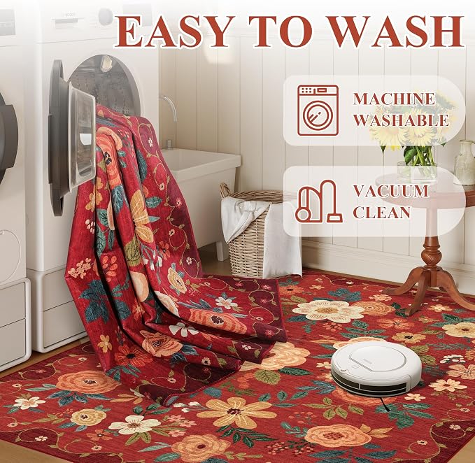 DUKINO 2x6 Runner Rug for Hallway, Washable Kitchen Runner Rug with Non Slip Backing, Low Pile Soft Boho Floral Runner for Kitchen, Hallway, Entryway, Laundry, Bedroom, Red