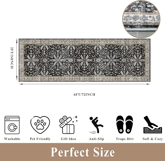 2x6 Washable Kitchen Runner Rug – Non-Slip Boho Vintage Carpet Runner for Hallway, Entryway, Bedroom & Bathroom – Soft Low-Pile Thin Area Rug with Rubber Backing (Black,2x6)