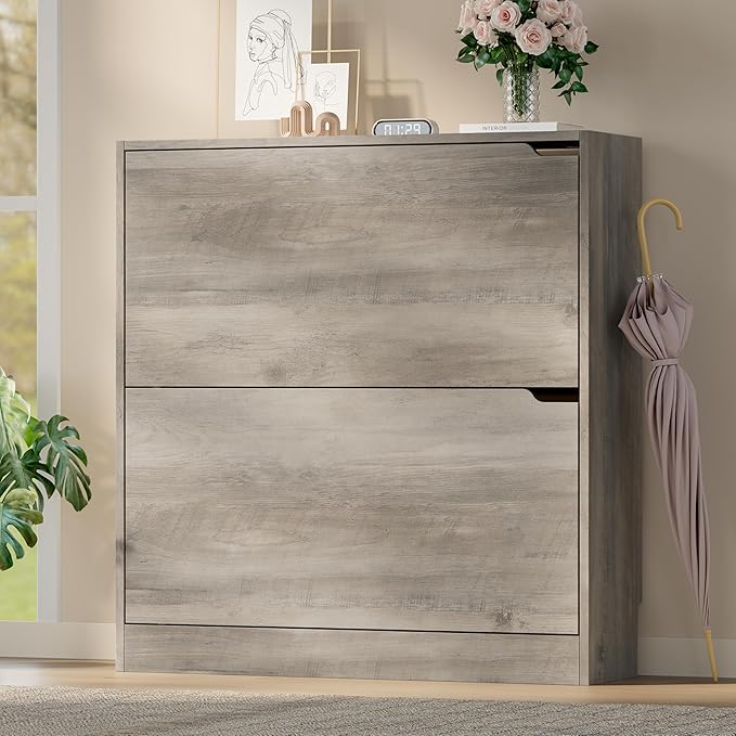 BORNOON Shoe Cabinet with 2 Flip Drawers, Slim Narrow Shoe Storage Cabinet, Freestanding Shoe Organizer with Adjustable & Removable Shelves, Top Display Shelf for Entryway, Hallway, Foyer, Closet