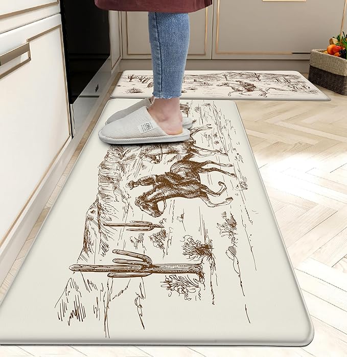 Western Kitchen Mat Rugs Set of 2 Aztec Anti Fatigue Non-Slip Kitchen mats for Floor Western Country Cactus Theme PVC Comfort Mat Floor Rugs Decor Office Front Door Sink 17.3x28+17.3X 47 inches