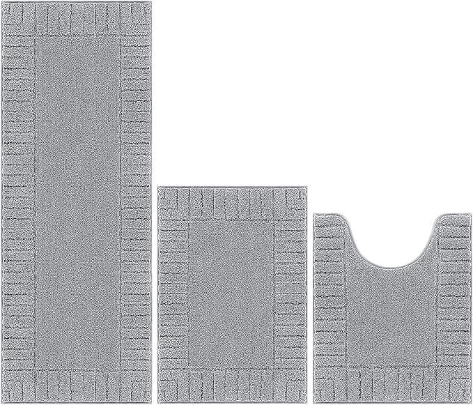 Pauwer Bathroom Rugs Sets 3 Piece Bathroom Shower Rugs with U-Shaped Contour Toilet Mat Absorbent Microfiber Plush Bath Mats Non Slip Bath Rugs Machine Washable Shaggy Bath Mat Set, Light Grey
