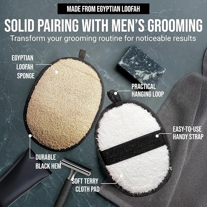 SERRENTO Loofah Body Scrubber Back Scrubber - Egyptian Luffa Shower Sponge for Men, Bath Sponge Exfoliator, Body Wash Scrub Tool, Loofa Louffa Bath Accessories, 2PCS Black & White Set
