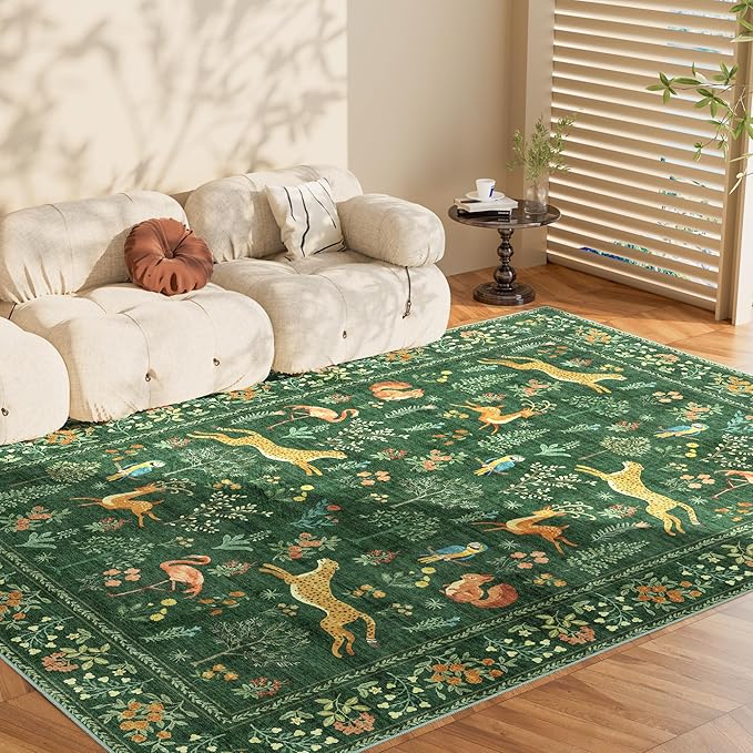 DUKINO 9x12 Rug, Washable Animal Living Room Rug with Non Slip Vintage Design, Soft Low Pile Large Carpet for Bedroom, Nursery, Dining Room, Farmhouse, Playroom, Green