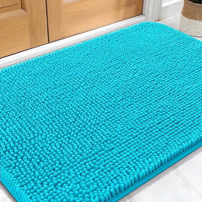 OLANLY Dog Door Mat for Muddy Paws 32x20, Absorbs Moisture and Dirt, Absorbent Non-Slip Washable Doormat, Quick Dry Chenille Mud Mat for Dogs, Entry Indoor Entryway Carpet for Inside Floor, Aqua Blue