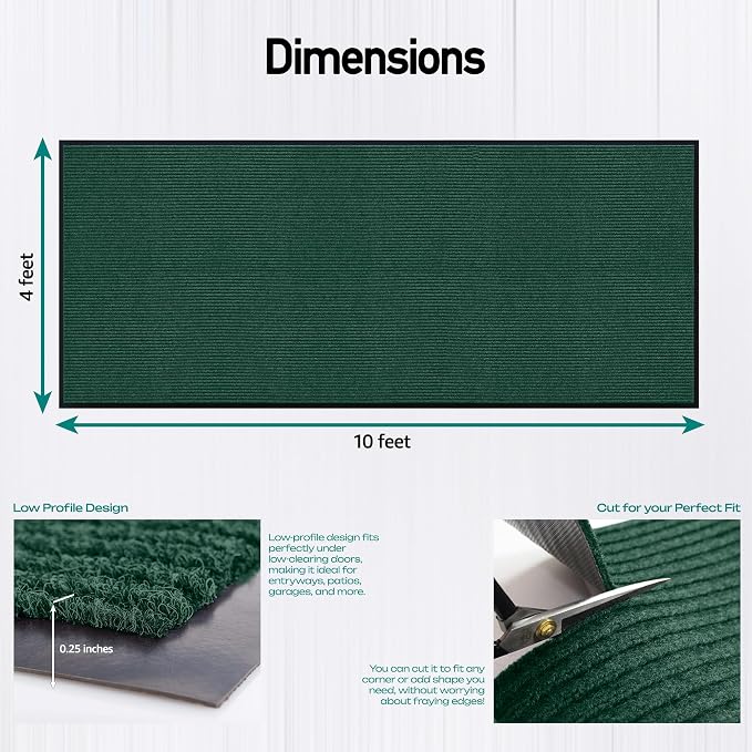 Durable Rubber Door Mat - Heavy Duty, Indoor/Outdoor, Easy Clean, Waterproof, Low-Profile Mat for Entry, Patio, Garage - Stylish (Green, 10' x 4' (Mud Trapper))