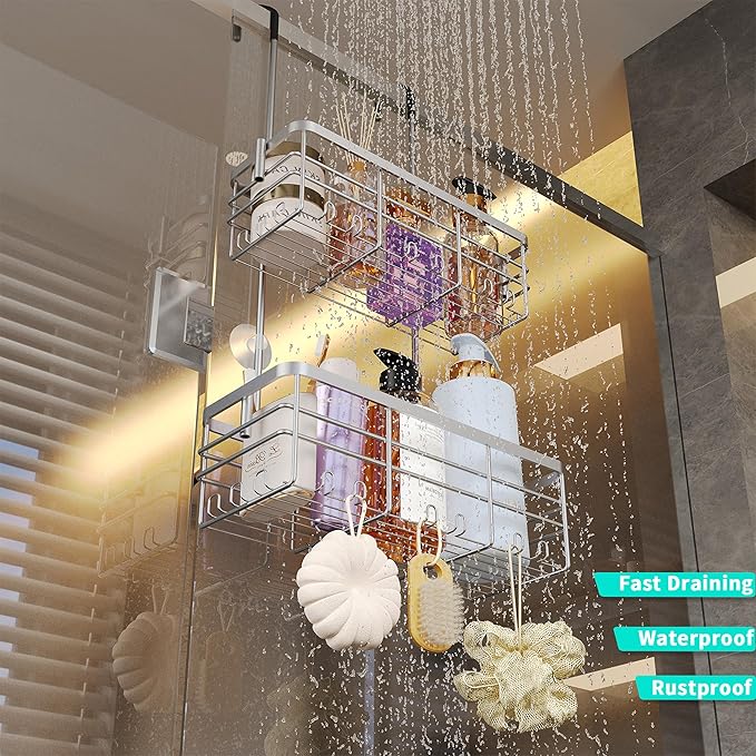 HapiRm Hanging Shower Caddy Organizer - No Drilling Shower Organizer with Hooks, Rustproof & Waterproof 304 Stainless Steel Bathroom Shelves - Silver