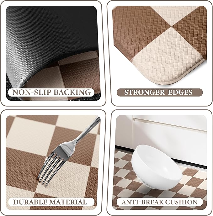 Beige Khaki Checkered Grid Checkerboard Kitchen Rug Sets [2 PCs], Anti-Fatigue, Waterproof Non-Slip Kitchen Mats Heavy Duty Ergonomic Comfort Foam Rug for Floor, Home,17"x29"+17"x47"