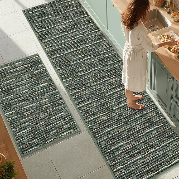 Kitchen Rugs Sets of 2-Non Slip Kitchen Mats for Floor-Thick Stain Resistant Vintage Kitchen Floor Mat Runner Carpet for Hallways Entryway Laundry Room Washable（Green 24"x79"+24"x35"）