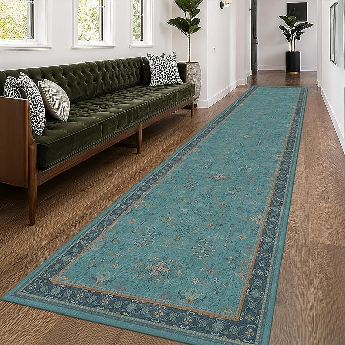 Hazo Haus Washable 3x16 Extra Long Hallway Runner Rug, Boho Aqua Blue Large Kitchen Floor Rug Indoor, Non-Slip Stain & Fade Resistant, Vintage Unique Teal Floral Décor