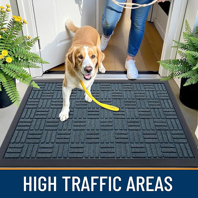 OLANLY Front Door Mat Outside Entrance 29.5x17, Absorbent, Heavy Duty Sturdy Natural Rubber Doormat Indoor Outdoor, Non-Slip, Stain and Fade Resistant, Low Profile Floor Mat for Entryway, Lake Blue