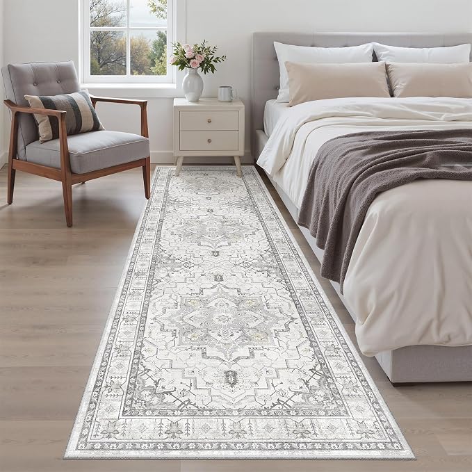 Madane Runner Rug 2'6''x8' Kitchen Runner, Hallway Runner Printed Vintage Rug 2.5x8ft Washable Rugs Soft Non-Slip Low Pile Runners for Hallways Laundry Room Rug, Grey