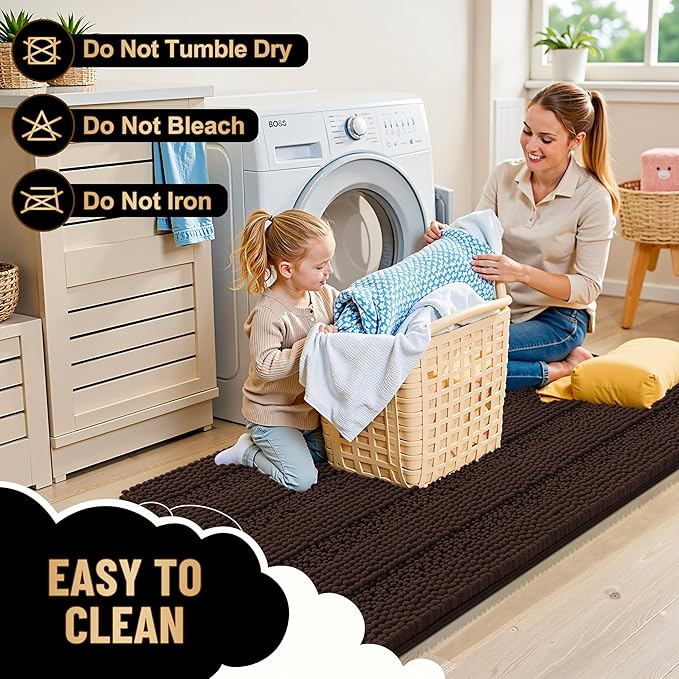 OLANLY Thick Bathroom Runner Rugs 59x24, Absorbent Chenille Striped Bath Rugs, Rubber Backing, Machine Wash Dry, Extra Long Bath Mats for Bathroom Floor, Tub and Shower, Home Decor Accessories, Brown