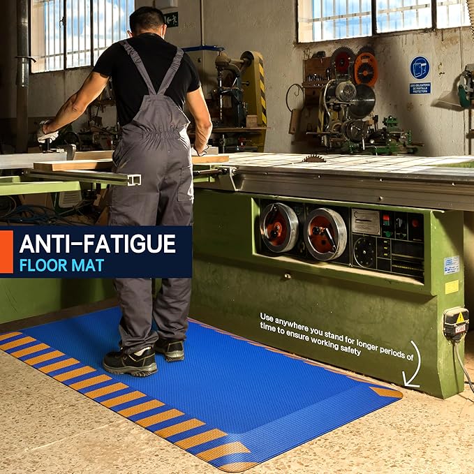 FEATOL Anti Fatigue Mat Industrial, Ergonomic Standing Floor Mat for Work for Stand, Safety Support for Leg & Back Pain(Blue with Yellow Border, 17" x 24", 2PC)