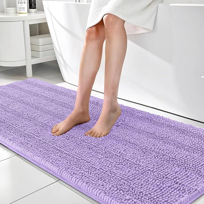 OLANLY Thick Bathroom Runner Rugs 70x24, Absorbent Chenille Striped Bath Rugs, Rubber Backing, Machine Wash, Extra Long Bath Mats for Bathroom Floor, Tub and Shower, Home Decor Accessories, Lavender