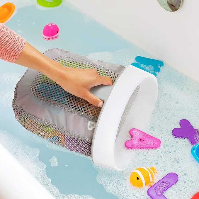 Munchkin Soft Spot Baby Bath Mat for Tub and Super Scoop Hanging Bath Toy Storage with Quick Drying Mesh, Grey
