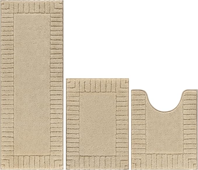 Pauwer Bathroom Rugs Sets 3 Piece Bathroom Shower Rugs with U-Shaped Contour Toilet Mat Absorbent Microfiber Plush Bath Mats Non Slip Bath Rug Machine Washable Shaggy Bath Mat Set, Beige