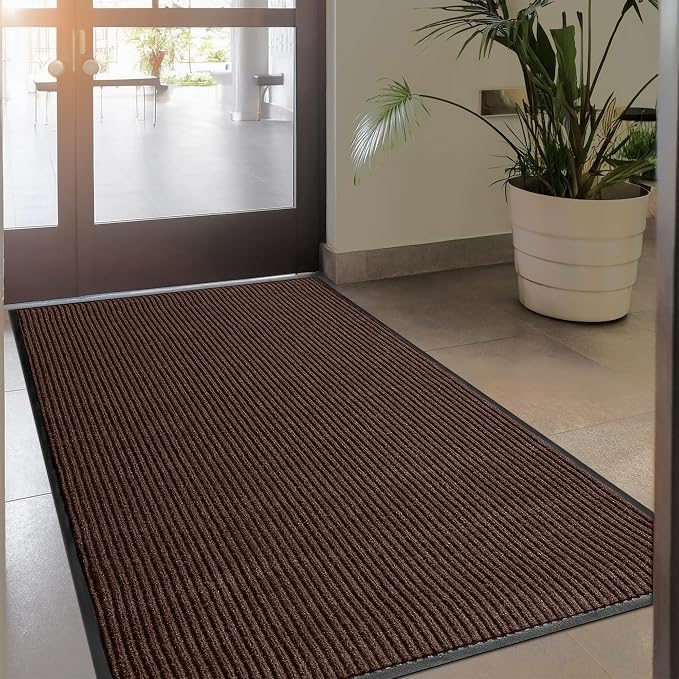 MaxMat® Heavy Duty Rubber Door Mat - Large Commercial, Waterproof, Low-Profile, Easy to Clean Floor Mat (4 x 8 Feet, Brown, MXM-RIB0048BR)