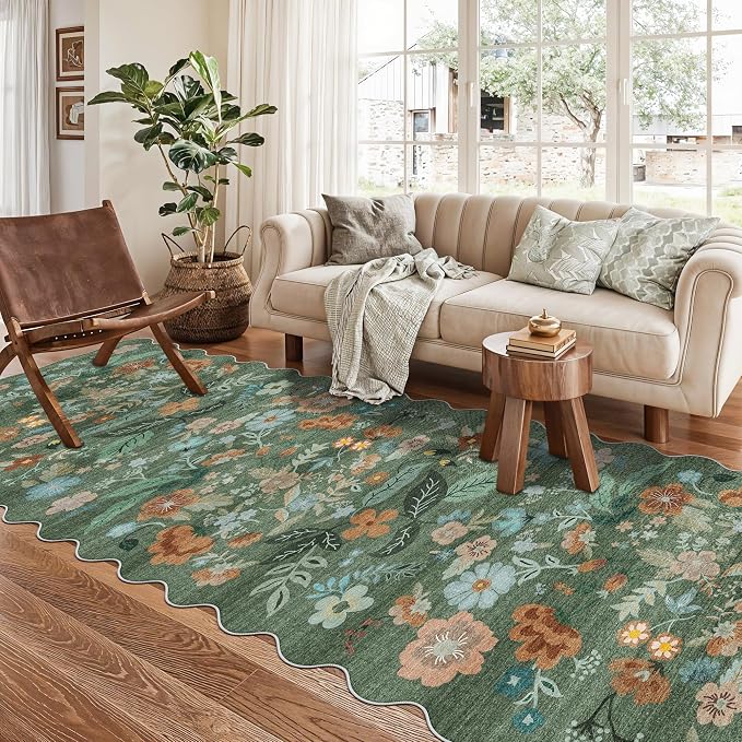 Washable 3x10 Hallway Runner Rug: Floral Scalloped Soft Runners for Entryway Kitchen Nursery Non Slip Bathroom Floor Mat Water Resistant Light Weight Carpet for Living Room Bedroom (3x10 Floral/Green)