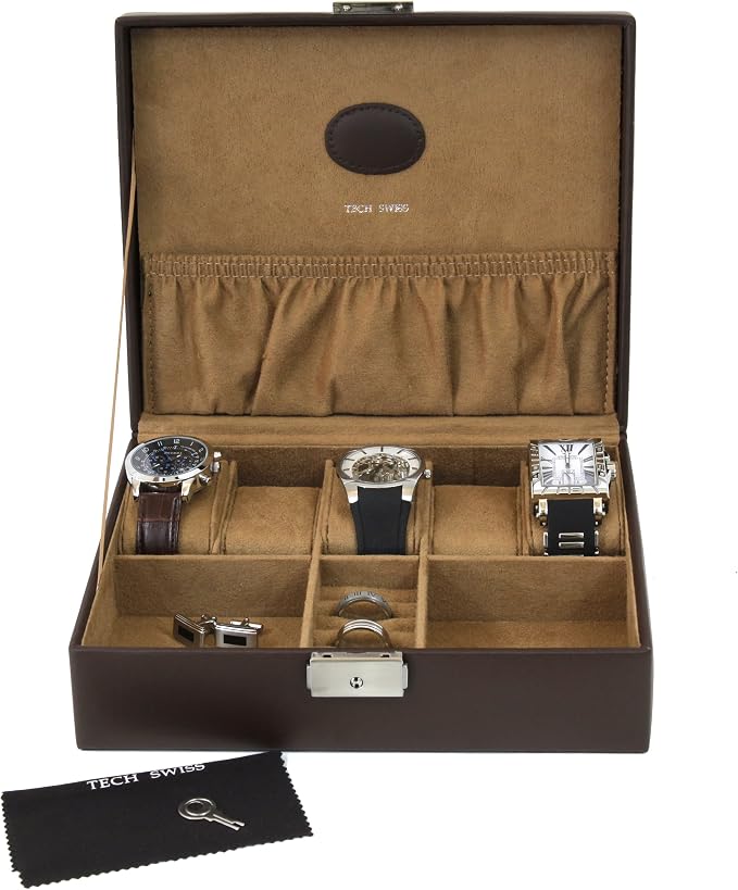 Tech Swiss Valet for Watches Jewelry Cuff links Leather Compact (Brown)