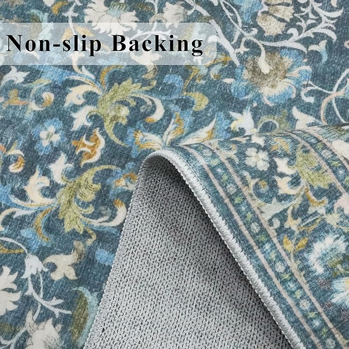 Washable 3x5 Entryway Area Rugs: Ultra Soft Low Pile Carpet for Kitchen Nursery Indoor Light-Weight Doormat Anti-Slip Thin Entry Rug for Living Room Bedroom Small Vintage Floor Mat(3x5,Floral/Blue)