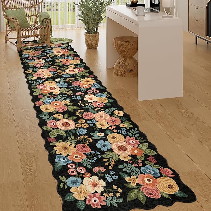 DUKINO 2.6x10 Runner Rug for Hallway, Lightweight Washable Floral Kitchen Rug with Non Shedding, Soft Low Pile & Non Slip Backing Boho Runner for Entryway, Bathroom, Laundry, Bedroom, Black