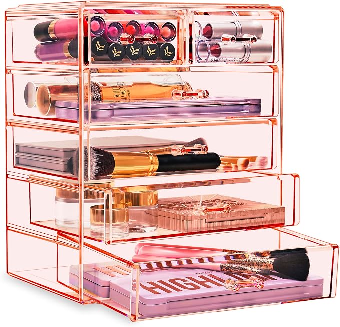 Sorbus Acrylic Makeup Organizer Set, 6-Drawer Vanity & Countertop Cosmetic Storage with Small & Wide Drawers, Pink Makeup Storage for Brushes, Lipsticks, Jewelry – Holiday Gift for Women & Teens