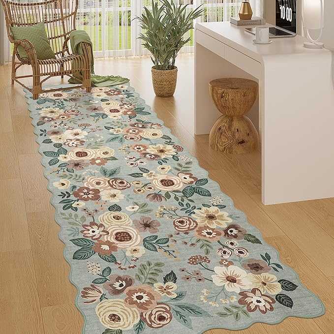 DUKINO 2x10 Runner Rug for Hallway, Washable Kitchen Rug with Non Slip Backing & Non-Shediing, Soft Low Pile Floral Design Runner for Bedroom, Kithchen, Living Room, Laundry, Bathroom, Sage Green