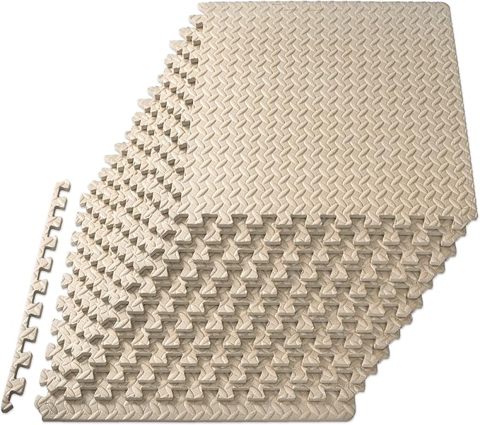 ProsourceFit Exercise Puzzle Mat 1/2-inch, EVA Interlocking Foam Floor Tiles for Home Gym, Workout Equipment, Kids Play Areas, Beige, 48 SQ FT - 12 Tiles