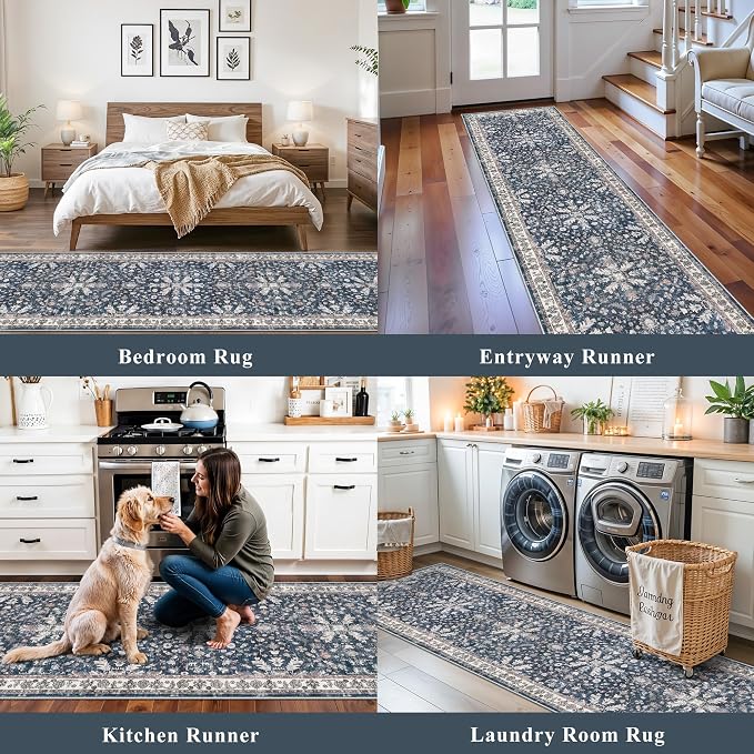 Washable Hallway Runner Rug 2x10: Non Slip Vintage Boho Carpet with Rubber Backing for Kitchen Entryway Hall Holiday Farmhouse Neutral Cream Long Runners (Blue,2'x10')