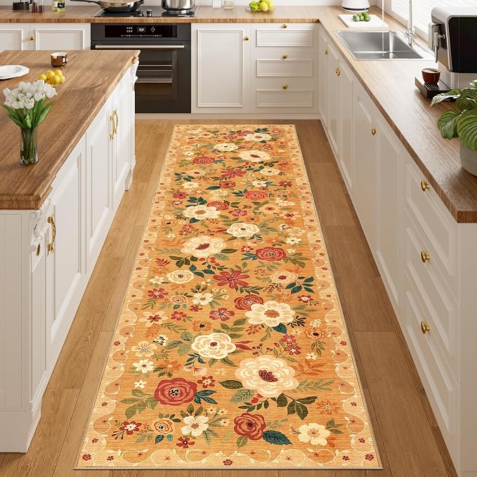 DUKINO Runner Rug for Hallway, 2.6x10 Washable Floral Long Kitchen Rug with Non Slip Backing, Lightweight & Stain Resistant Soft Runners for Indoor Entrance, Laundry, Living Room, Bedroom, Orange