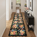DUKINO 2x10 Runner Rug for Hallway, Washable Kitchen Rug with Non Slip Backing & Non-Shediing, Soft Low Pile Floral Design Runner for Bedroom, Kithchen, Living Room, Laundry, Bathroom, Black