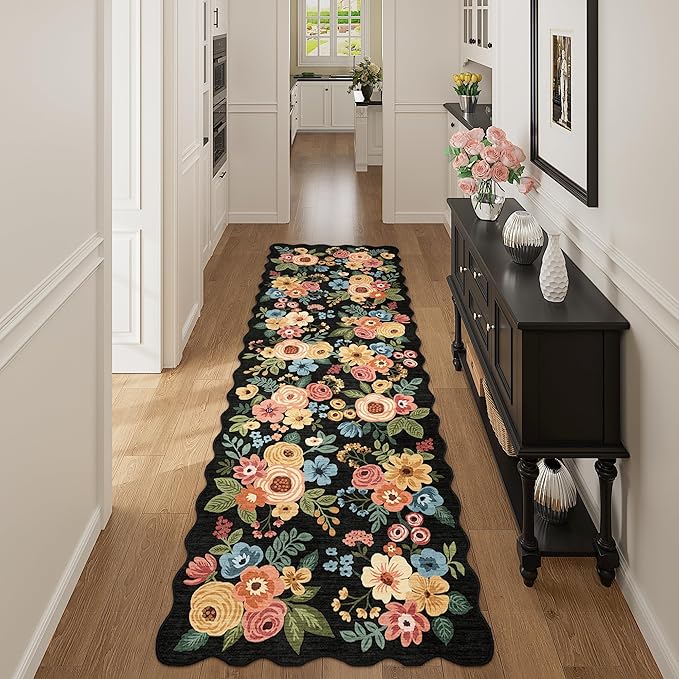 DUKINO 2x6 Runner Rug for Hallway, Washable Kitchen Rug with Non Slip Backing & Non-Shediing, Soft Low Pile Floral Design Runner for Bedroom, Kithchen, Living Room, Laundry, Bathroom, Black