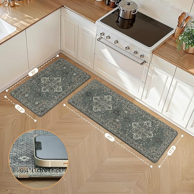 GENIMO Kitchen Mats for Floor 2PCs, Washable Anti Fatigue Mat for Cushioned, 17.3"x47"+17.3"x30", Waterproof Kitchen Rugs, Non Slip Comfort Standing Mat Rug for Home, Sink, Laundry, Forest Green