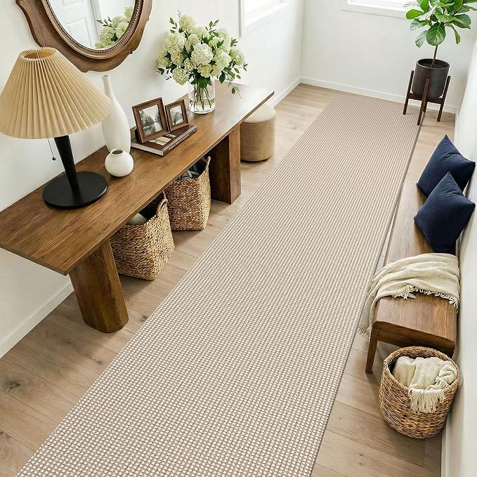 KOZYFLY Cotton 2.5'x14' Runners Rugs for Hallway, Long Washable Runner Rug, Woven Non Slip Kitchen Runner, Flatweave Entryway Rug, Floor Carpet for Entry, Aisle, Hall, Ivory/Camel/Brown