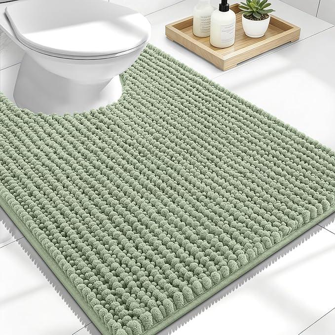 OLANLY Thick Toilet Rugs U-Shaped 24x20, Extra Soft Absorbent Shaggy Chenille Contour Bathroom Rugs for Toilet, Dry Quickly, Machine Washable, Non-Slip Bath Mat, Sage Green