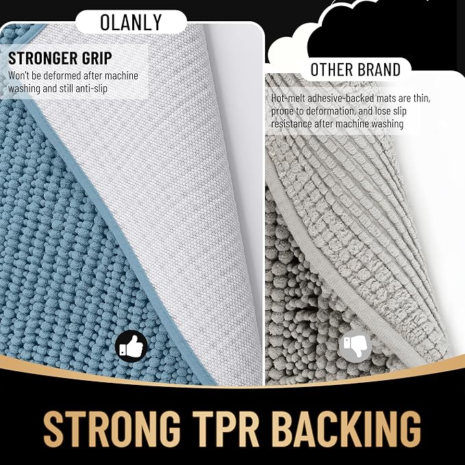 OLANLY Thick Bathroom Runner Rugs 47x17, Extra Soft Absorbent Chenille Bath Rugs, Rubber Backing, Machine Wash Dry, Long Bath Mats for Bathroom Floor, Tub and Shower, Home Decor Accessories, Airy Blue