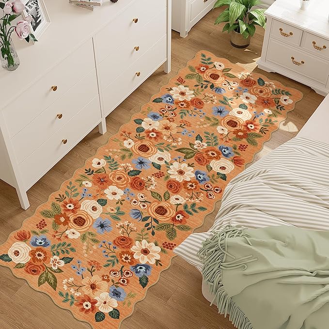 DUKINO 2x6 Runner Rug for Hallway, Washable Kitchen Rug with Non Slip Backing & Non-Shediing, Soft Low Pile Floral Design Runner for Bedroom, Kithchen, Living Room, Laundry, Bathroom, Orange