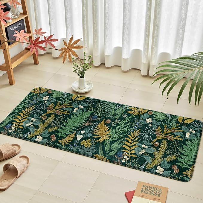 Dark Green Botanical Kitchen Rugs Set of 2 Plant Leaf Anti-Fatigue Kitchen Mat Natural Comfort Standing Waterproof PVC Mats 2/5" Thick Leather Carpet for Laundry Office Sink(17.3" x28" + 17.3" x 47")